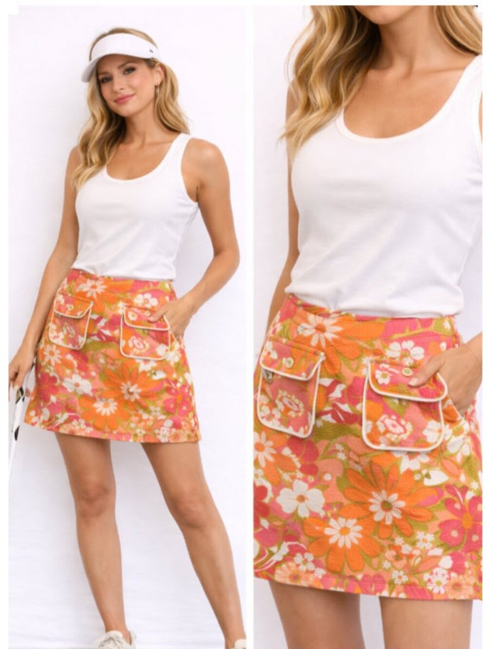 LizGOLF Retro Floral Mini Skort Pink Orange Vintage Pocket Detail Size 8